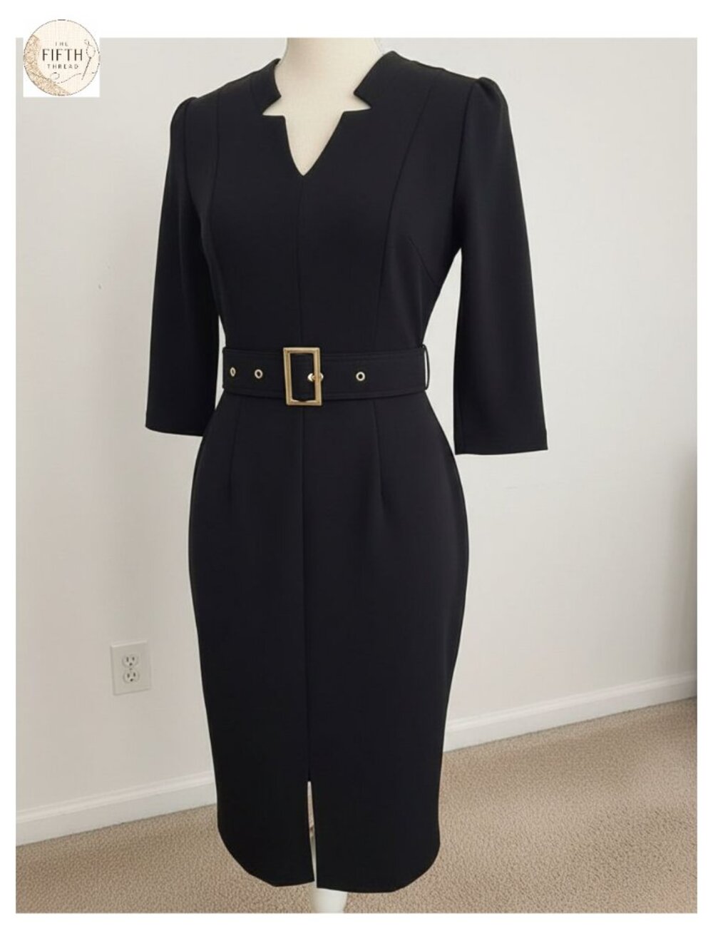 Women's 3/4 Sleeve V-Neck Bodycon Work Dress with Belt